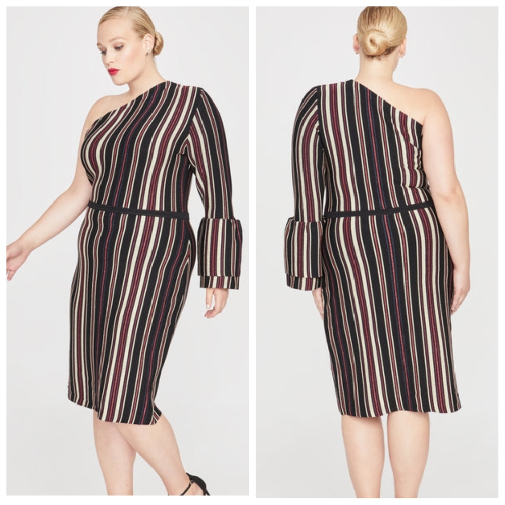 Rachel Roy One-Shoulder Bell Sleeve Top | Size 2X | NWT | Black with Gold Stripe
